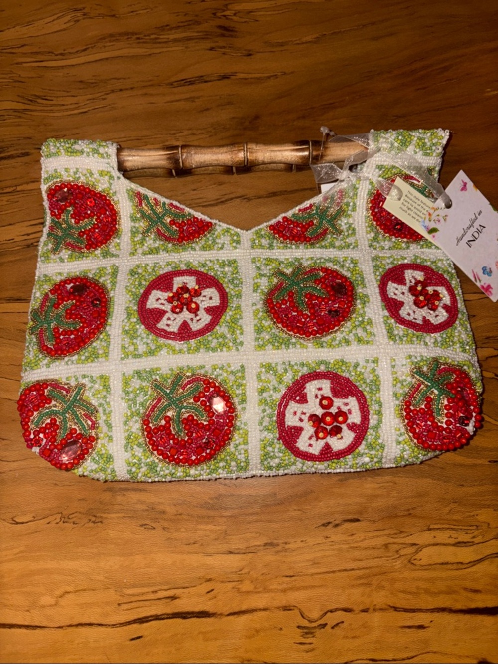Viral Hand-Beaded Tomato Motif Bamboo Handle Clutch